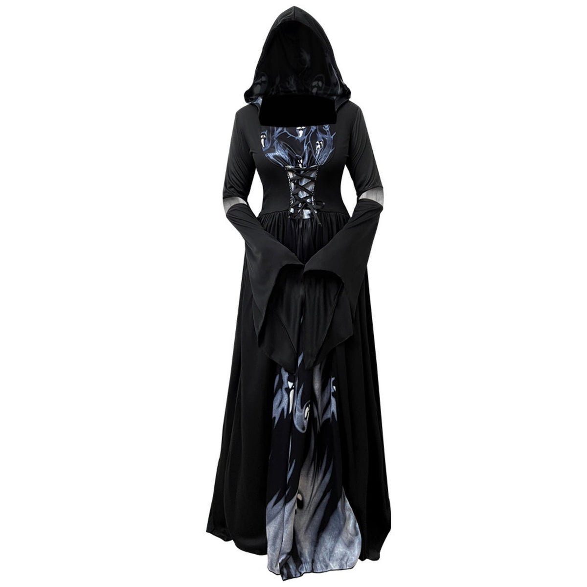 Dark Mage Hooded Robe for Women Halloween Witch Costume with Flared Sleeves & Fitted Bodice