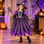 G`irls Purple Themed Dress Set, Kids Halloween Outfit with Witch Hat, Star Wand and Candy Pouch for Party Dress Up