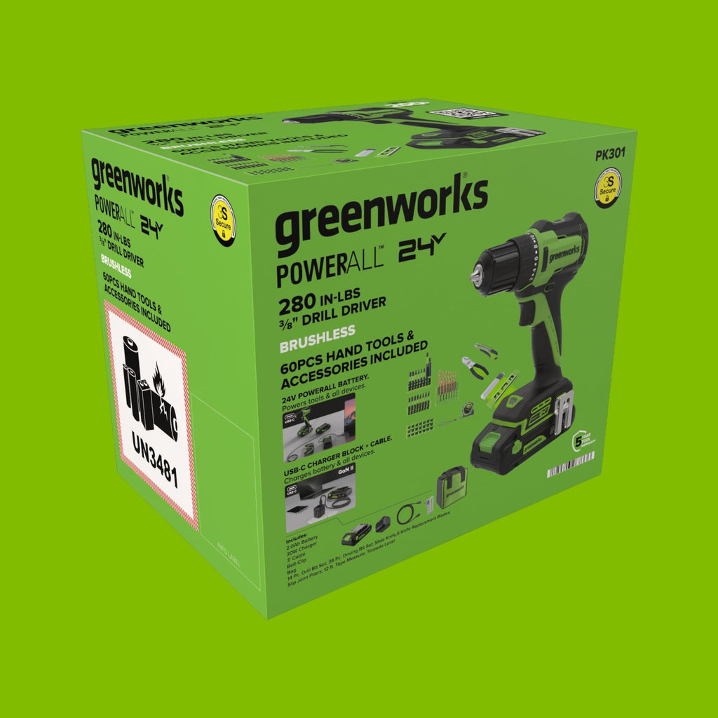 Greenworks PowerAll 24V 3/8" 280 in-lb Drill and 60 Piece Hand Tool/Accessories Project Kit, with 2.0 Ah USB-C Battery, 30W USB-C Charger Block