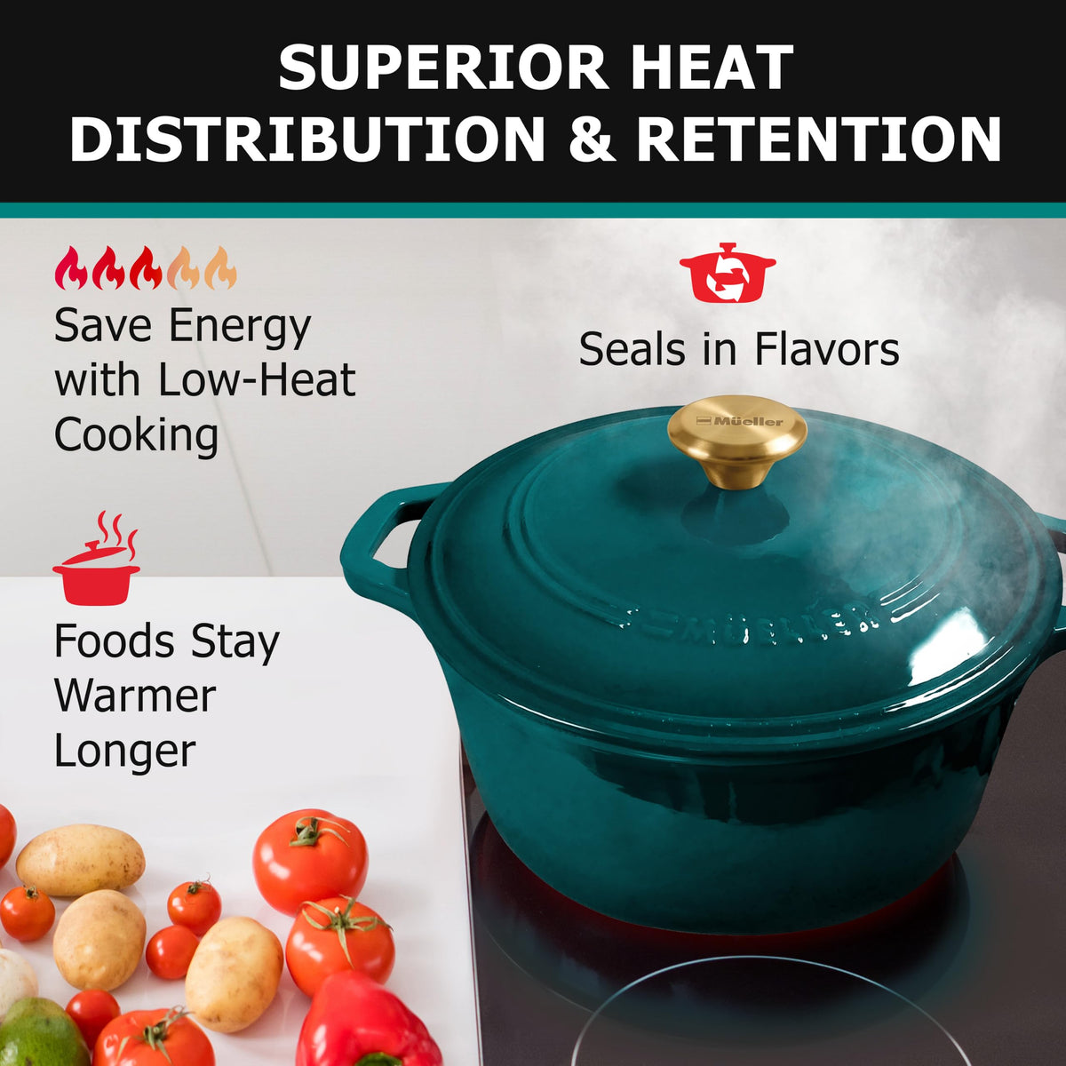 Mueller DuraCast 6 Quart Enameled Cast Iron Dutch Oven Pot with Lid