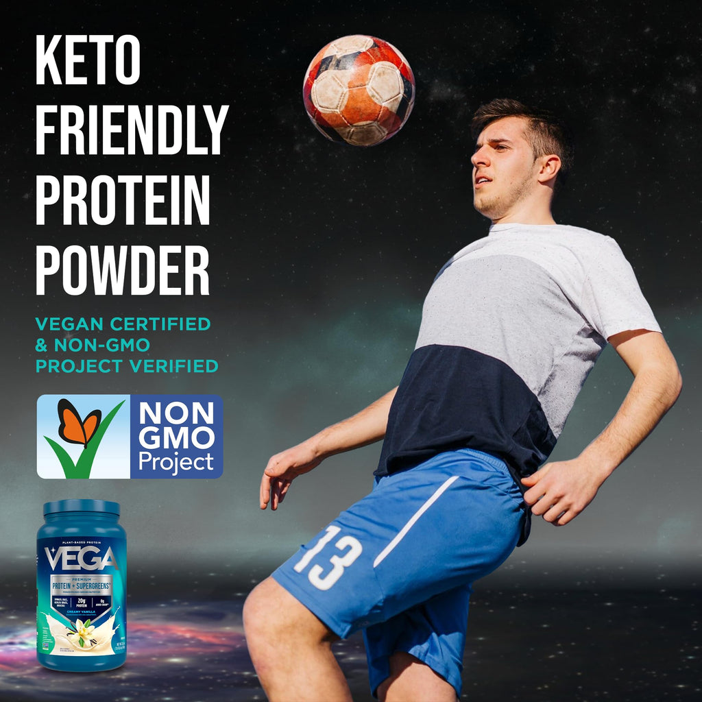 Vega Premium Protein + Supergreens, Creamy Vanilla – 20g Vegan Protein, Dairy & Gluten Free, 26.9 oz (25 Servings)