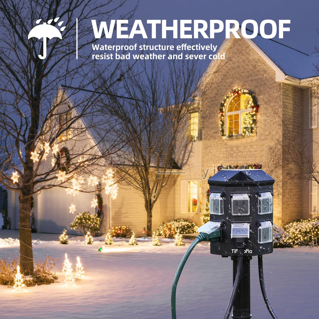 Outdoor Power Strip Weatherproof, 25 FT Extension Cord with Stake, 6 Grounded Outlets for Halloween and Christmas Decorations, 15A/1875W, ETL Listed