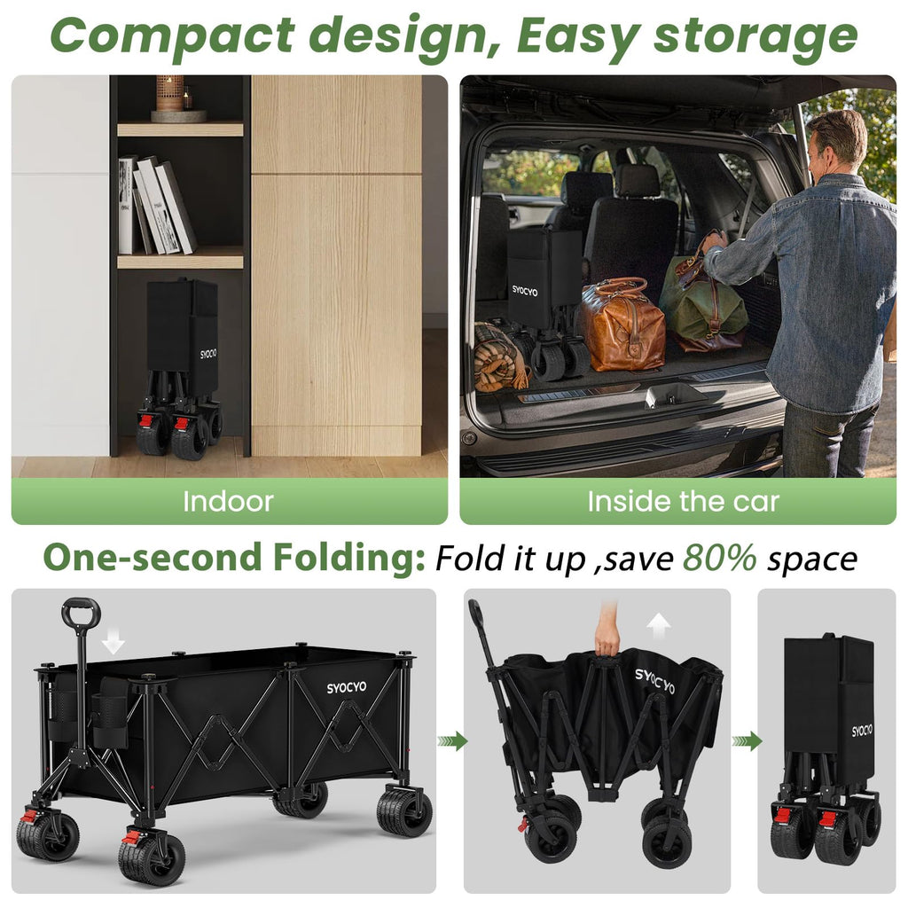Beach Wagon Carts Foldable 580LBS Collapsible Wagon with Big All-Terrain Wheels for Sand 340L Heavy Duty Utility Carts with Cup Holders for Garden