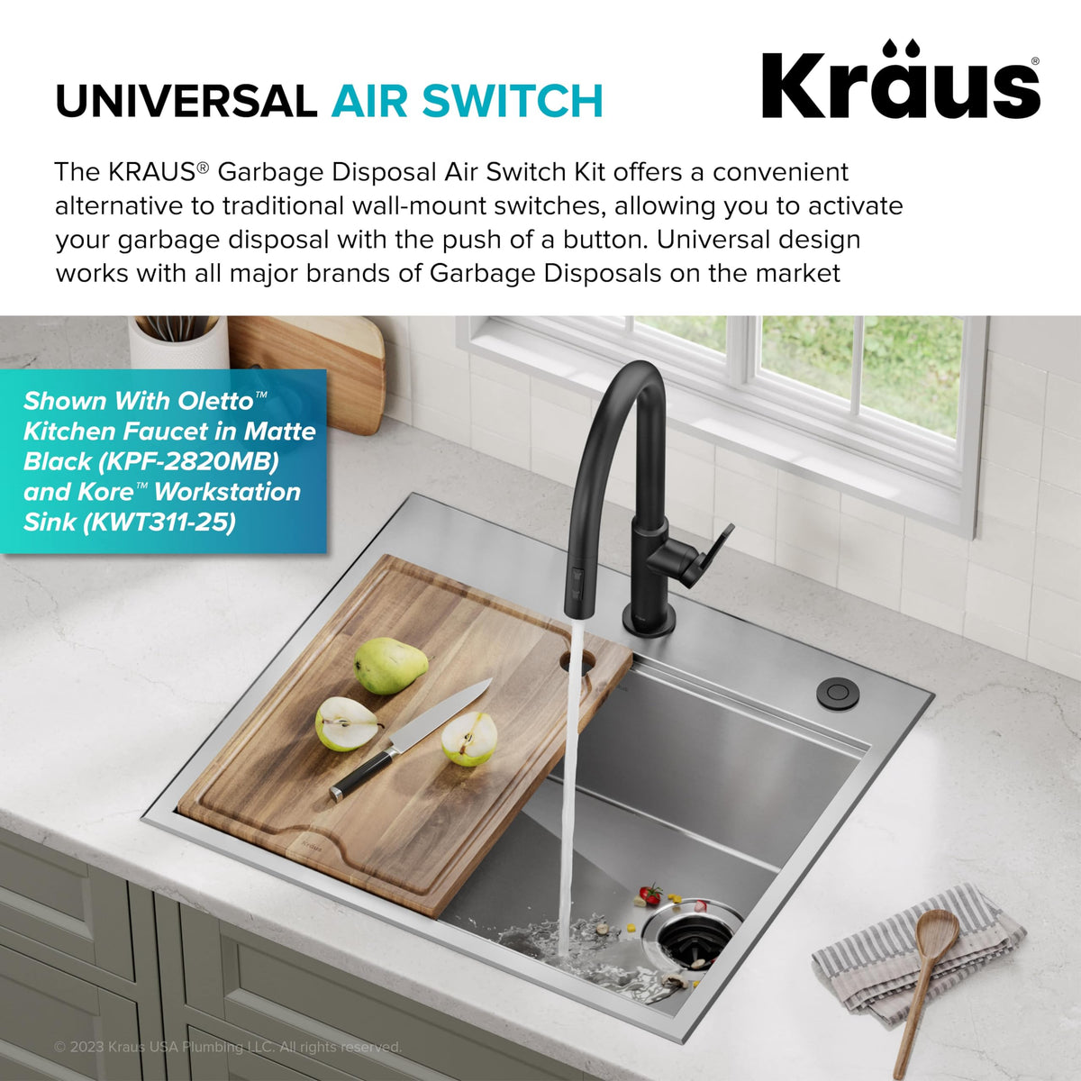 KRAUS Garbage Disposal Air Switch Kit in Spot-Free Stainless Steel with Push Button, AC Adapter, Power Cord, and Air Tube Included, KWDA-200SFS