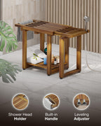 BLUEWEST Adjustable Shower Bench Stool for Inside Shower – 31.7'' Wood Bathroom Bench with Storage Shelf, Built-in Handle & Shower Head Holder