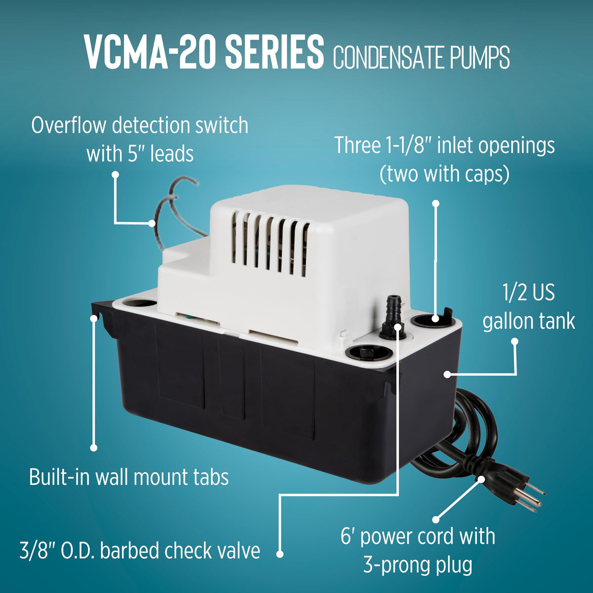 Little Giant VCMA-20ULS 115 Volt, 80 GPH, 1/30 HP Automatic Condensate Removal Pump for HVAC/Refrigeration Systems/Dehumidifiers with Overflow