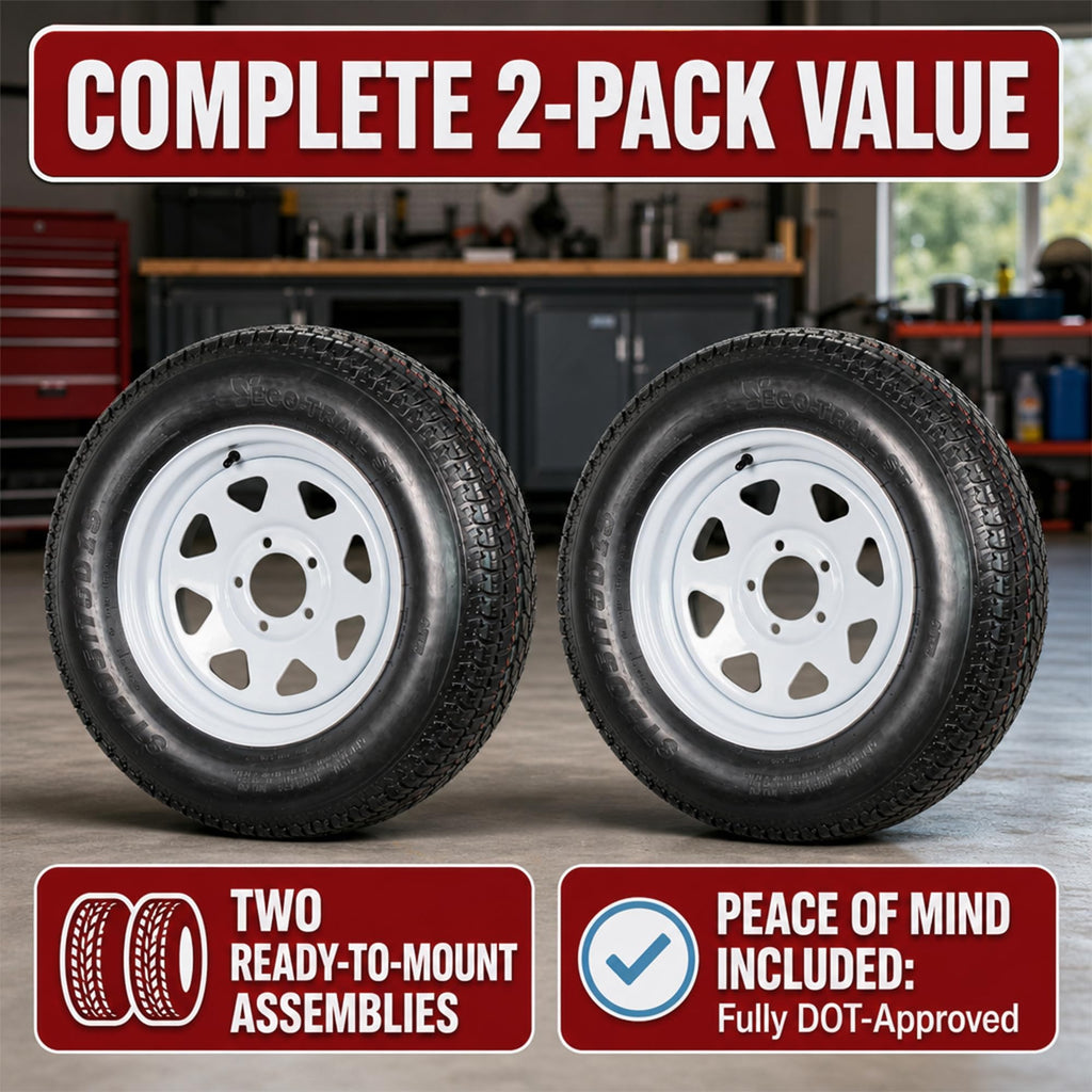 eCustomrim 2 Pack Trailer Tire Assembly ST205/75D15 Load C 5 Lug White