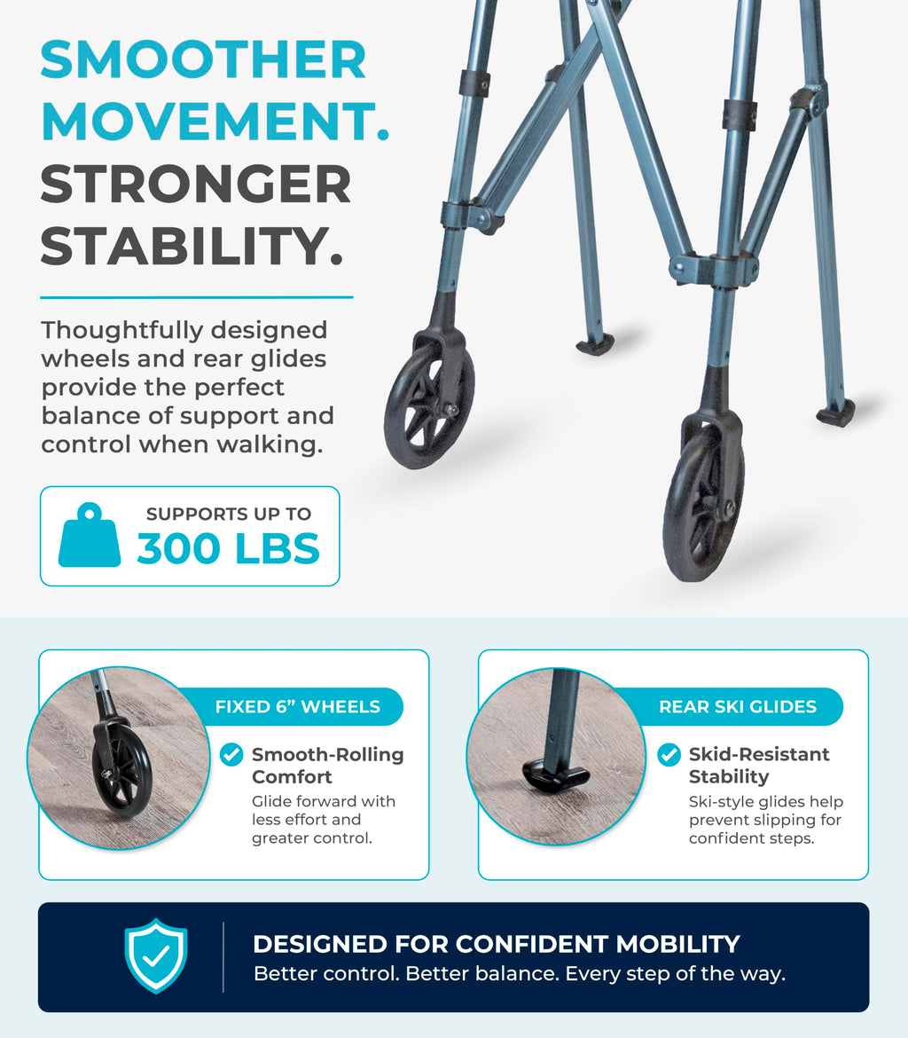 Stander Space Saver Walker, Lightweight Folding Rolling Mobility Aid for Seniors & Adults, Compact 2-Wheel Disability Device with 6-inch Wheels & Ski