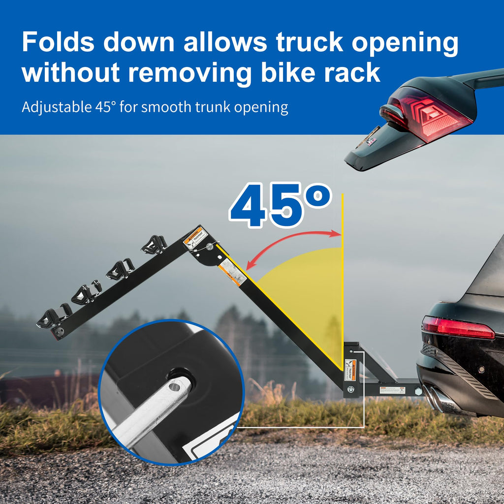 MaxxHaul Hitch Mount 4 Bike Rack 150 lb Capacity Heavy‑Duty Swing Down Design Fits Cars Trucks SUVs and Minivans with Safety Reflector Easy Install