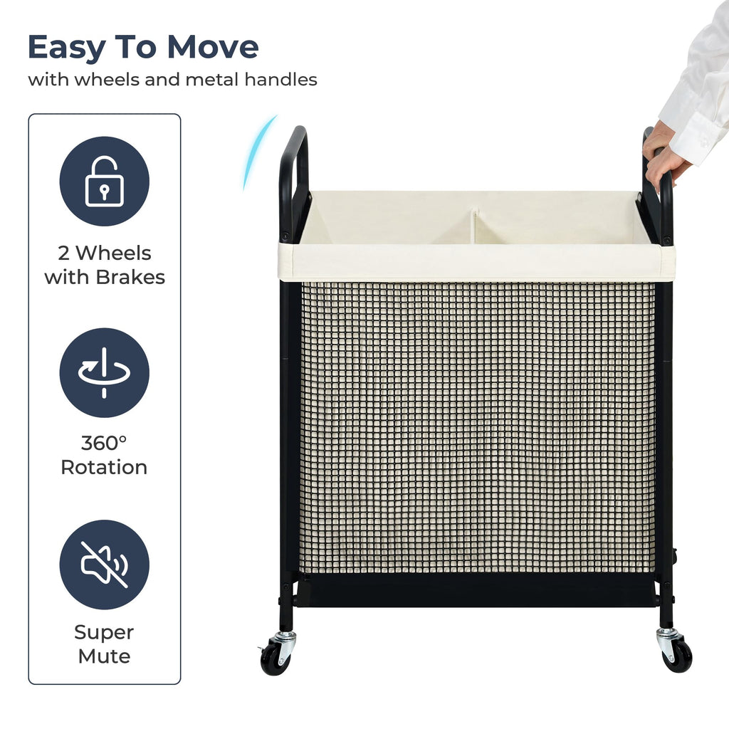 Laundry Hamper 2 Section, 100L Rolling Laundry Sorter Cart with Removable and Washable Liner Bag, Clothes Hamper with Wheels and Metal Handle for