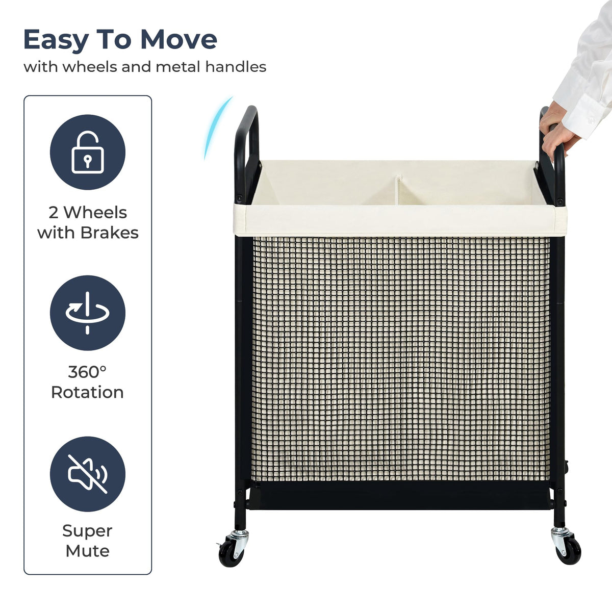 Laundry Hamper 2 Section, 100L Rolling Laundry Sorter Cart with Removable and Washable Liner Bag, Clothes Hamper with Wheels and Metal Handle for