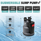 1/2 HP Automatic Submersible Sump and Utility Pump, 2500 GPH