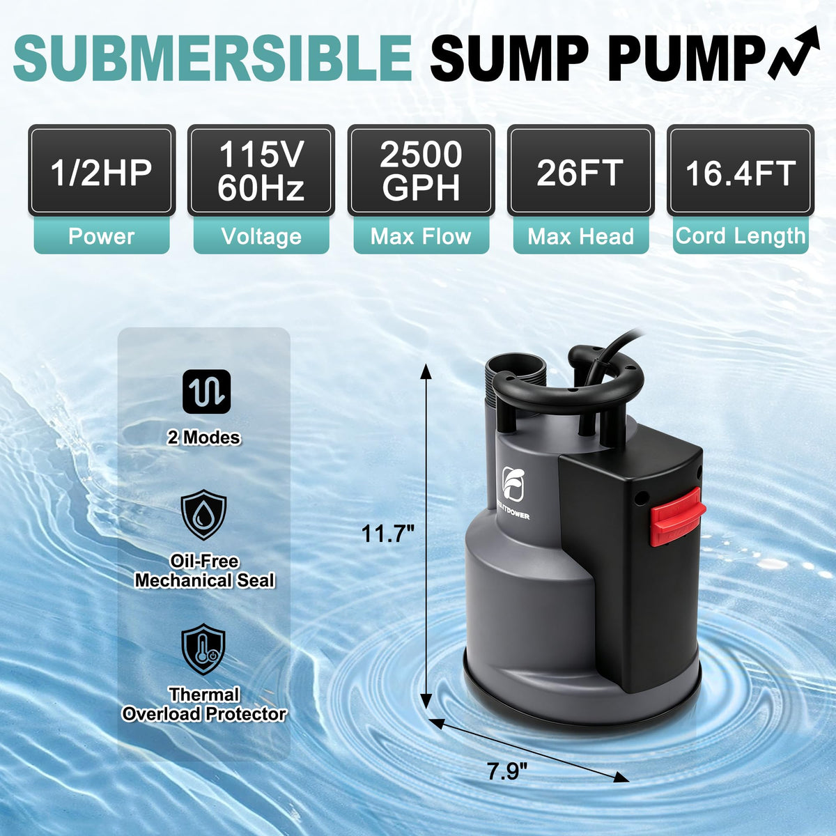 1/2 HP Automatic Submersible Sump and Utility Pump, 2500 GPH