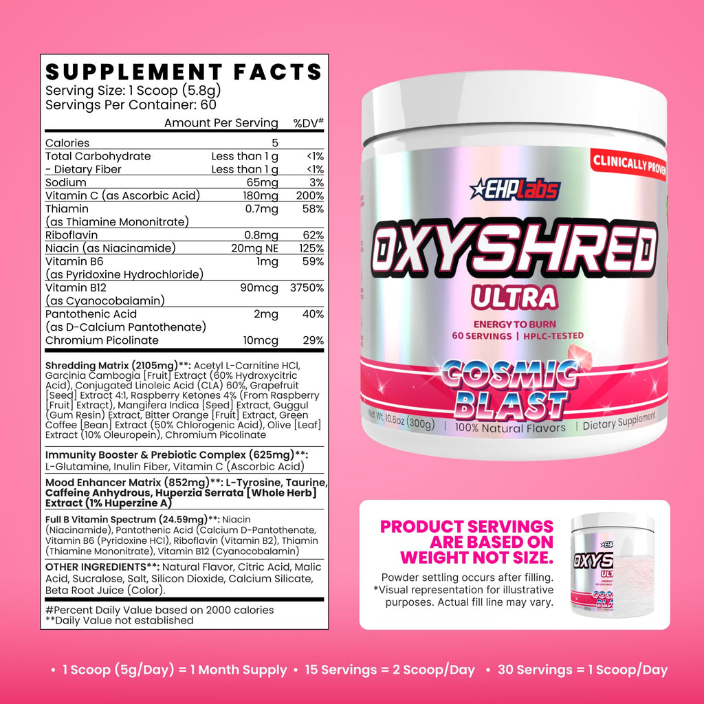 EHP Labs OxyShred Pre Workout Powder - Preworkout Powder with L Glutamine & Acetyl L Carnitine, Energy Boost Drink - Cosmic Blast, 60 Servings