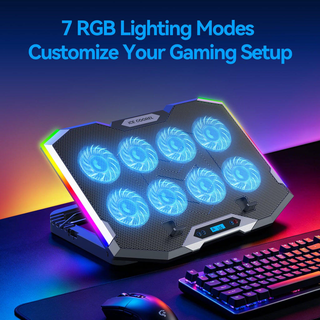 Gaming Laptop Cooling Pad with 8 Cooling Fans, Laptop Fan Cooler Pad for 15-17.3 Inch, Notebook Cooler Stand with 6 Height Adjustable, RGB Cooling