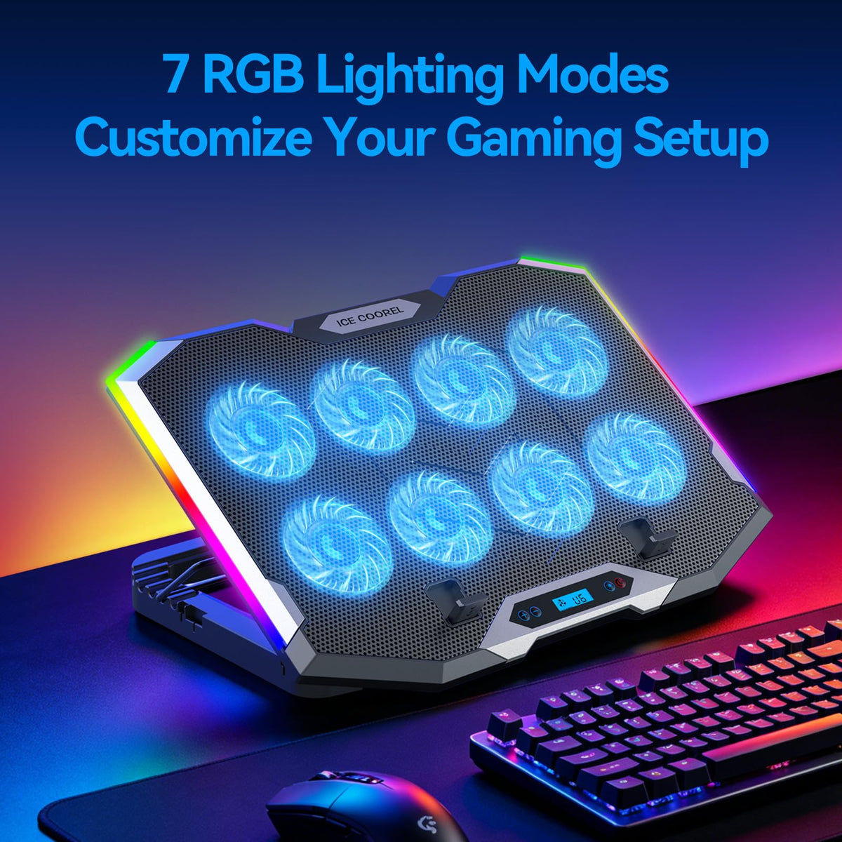 Gaming Laptop Cooling Pad with 8 Cooling Fans, Laptop Fan Cooler Pad for 15-17.3 Inch, Notebook Cooler Stand with 6 Height Adjustable, RGB Cooling