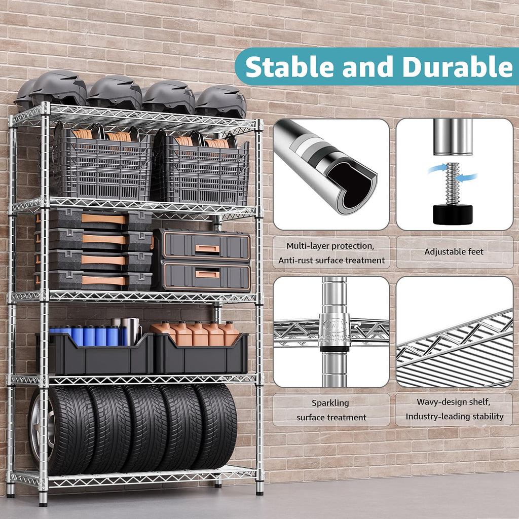 M MZG 1750 LBS Storage Shelves 5-Tier Utility Shelving Unit Steel Organizer Wire Rack for Home,Kitchen,Office,Garage, Capacity 17.7" D x 47.2" W x