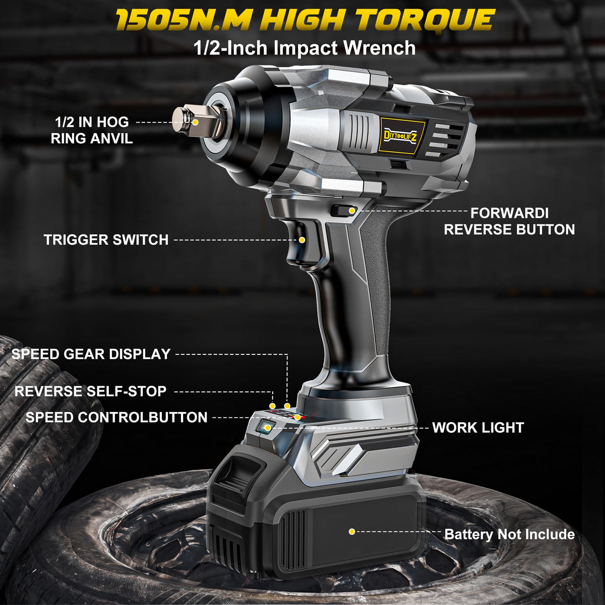 DIYtoolifz 1/2" Cordless Impact Wrench 1500Nm Compatible with DeWalt 20V