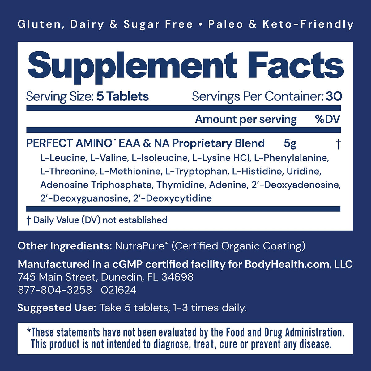 BodyHealth PerfectAmino (150 ct) Easy to Swallow Tablets, Essential Amino Acids Supplement with BCAAs, Vegan Protein for Pre/Post Workout & Muscle
