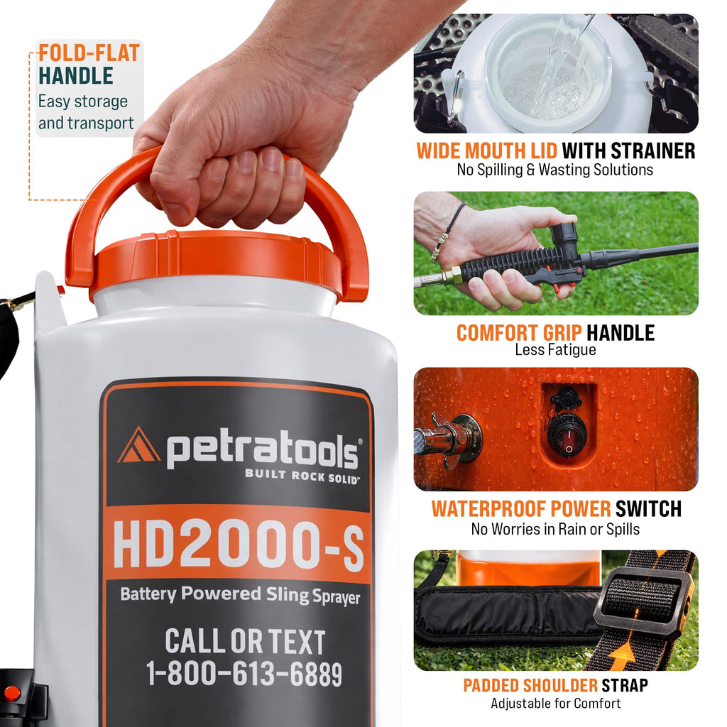 PetraTools HD2000-S 2 Gallon Battery Powered Garden Sprayer, 2 Hour Runtime