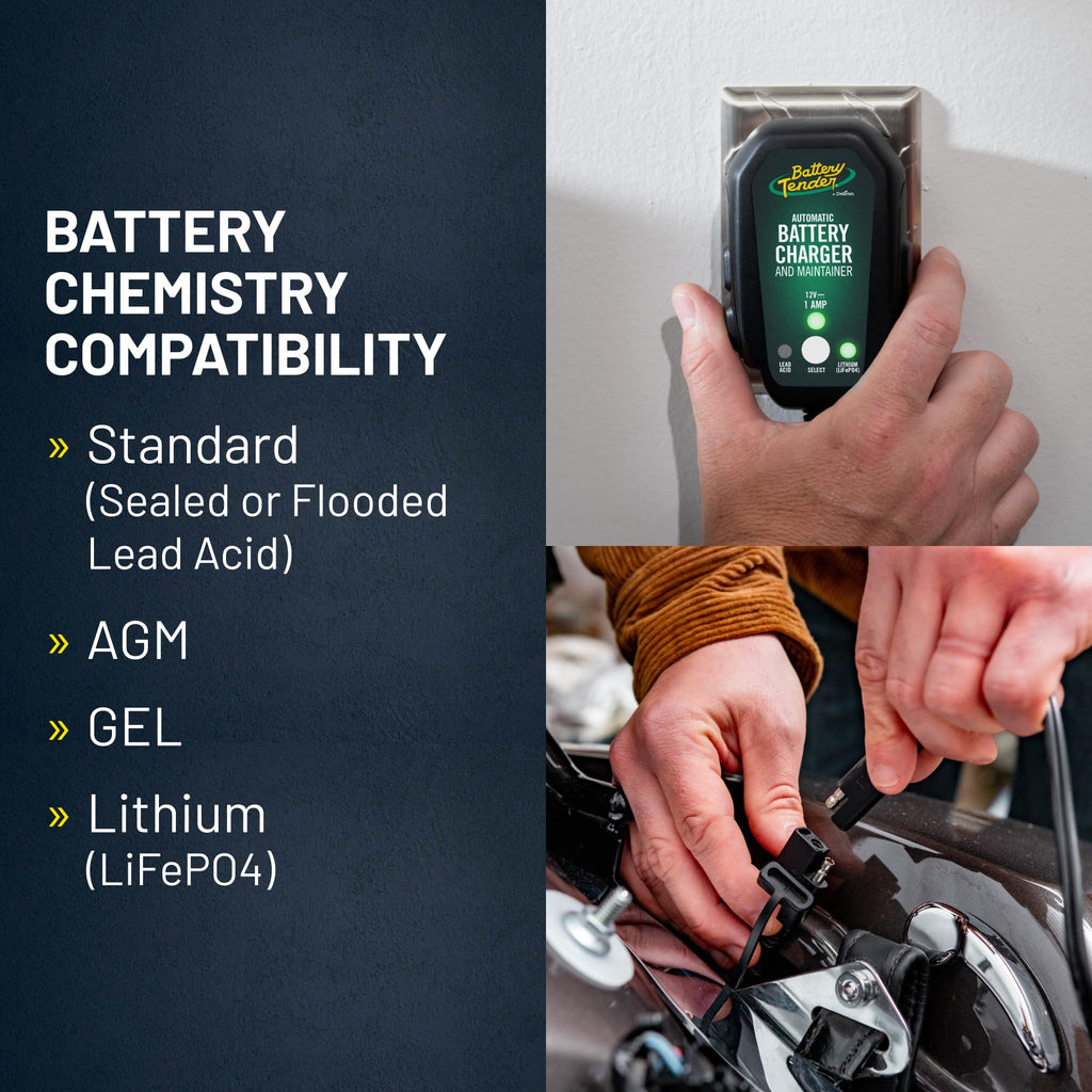 Battery Tender Junior 12V, 800mA Battery Charger and Maintainer for Lead Acid and Lithium Batteries - Switchable Battery Charger for Powersports