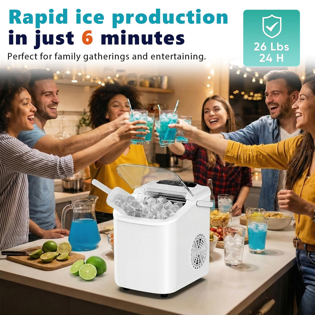 Sweetcrispy Countertop Ice Maker with Scoop, Basket and Handle, Portable Ice Machine 9 Cubes Ready in 6 Mins, 26.5lbs in 24Hrs, 2 Sizes for Home