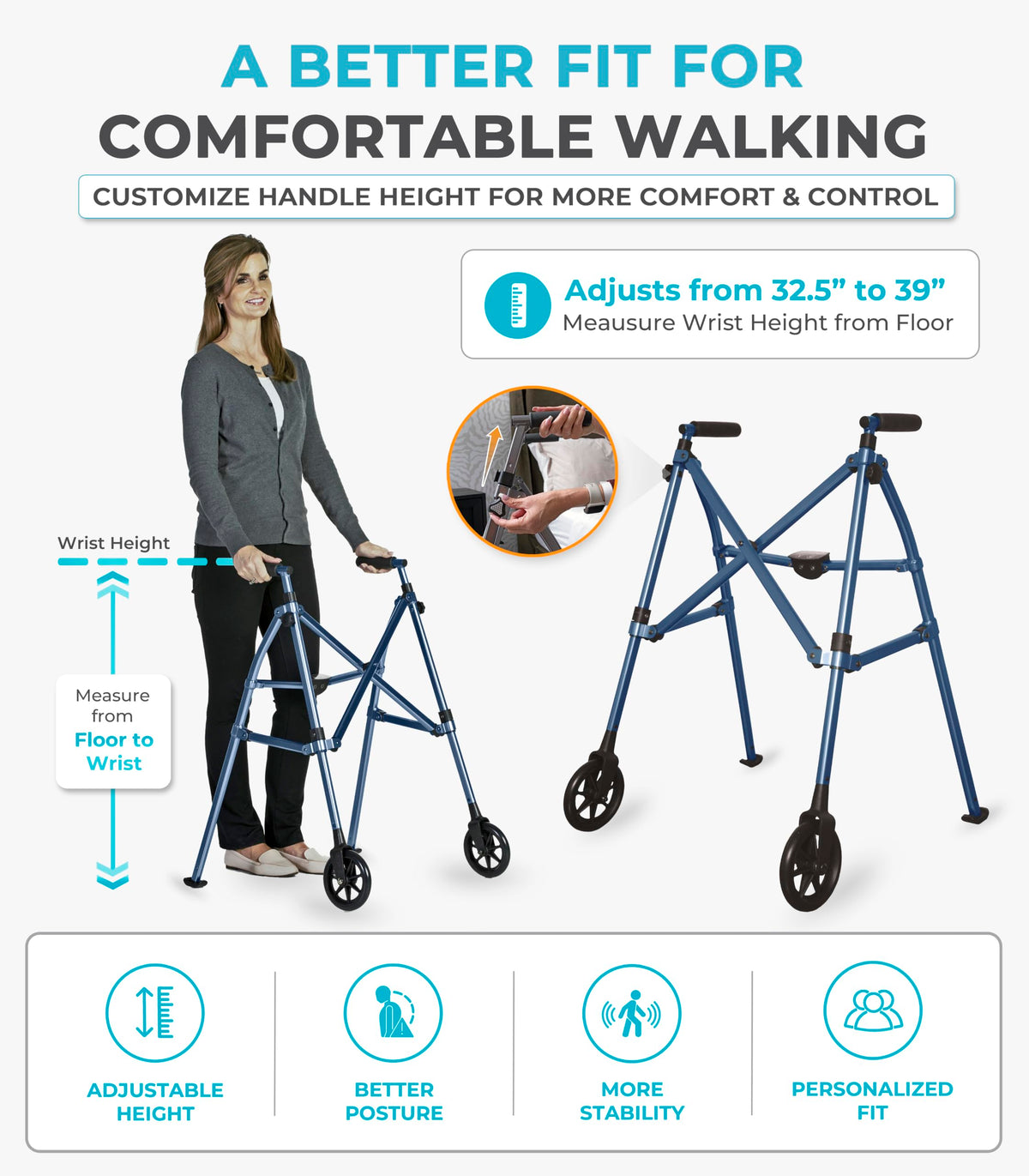 Stander Space Saver Walker, Lightweight Folding Rolling Mobility Aid for Seniors & Adults, Compact 2-Wheel Disability Device with 6-inch Wheels & Ski