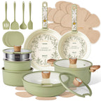 CAROTE 25pcs Ceramic Cookware Set, Detachable Handle Pots and Pans, Green
