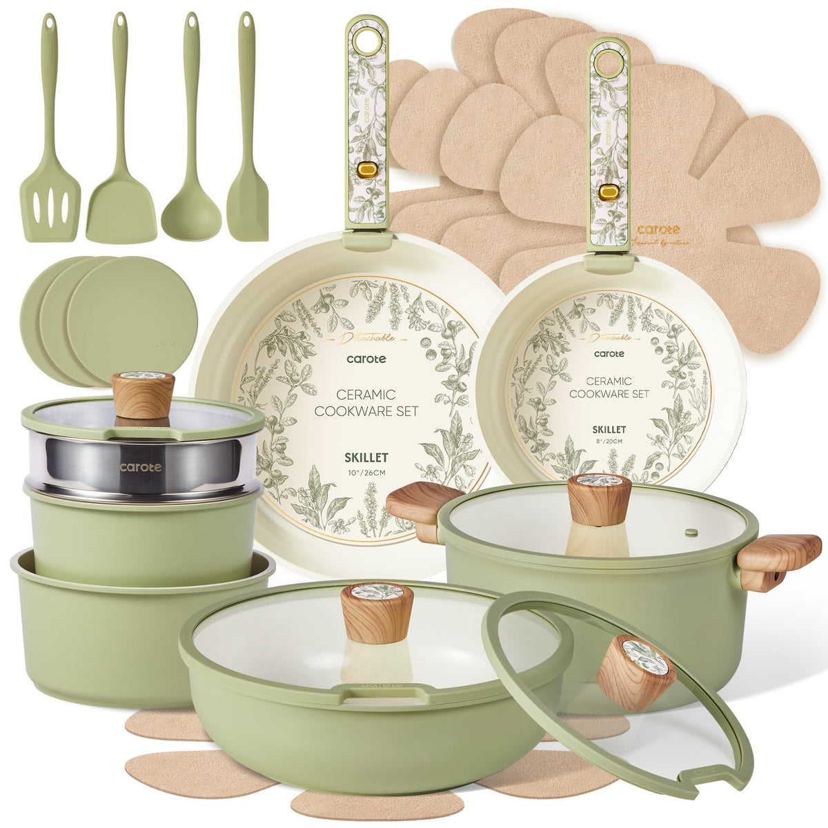 CAROTE 25pcs Ceramic Cookware Set, Detachable Handle Pots and Pans, Green