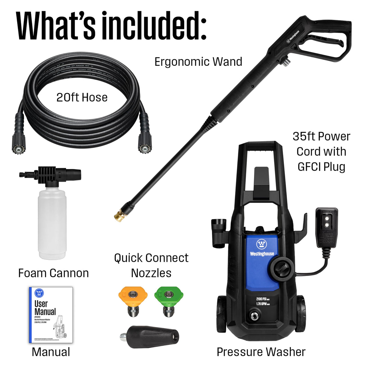 Westinghouse ePX3050 Electric Pressure Washer, 2100 Max PSI 1.76 Max GPM with Foam Cannon and Turbo Nozzle, for Cars/Fences/Driveways/Home/Patios