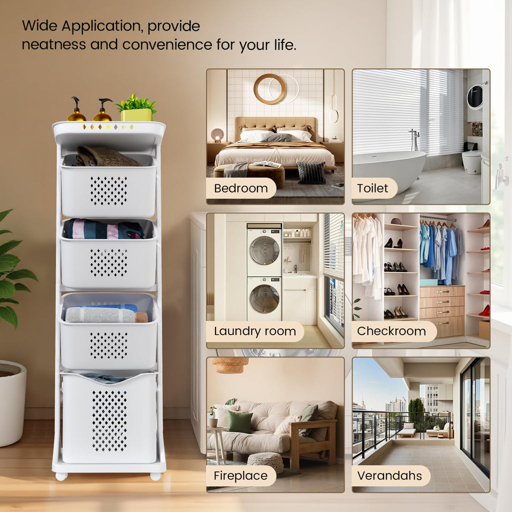 BAOKALER 4-Tier Laundry Hamper Sorter, Vertical Laundry Baskets with Wheel