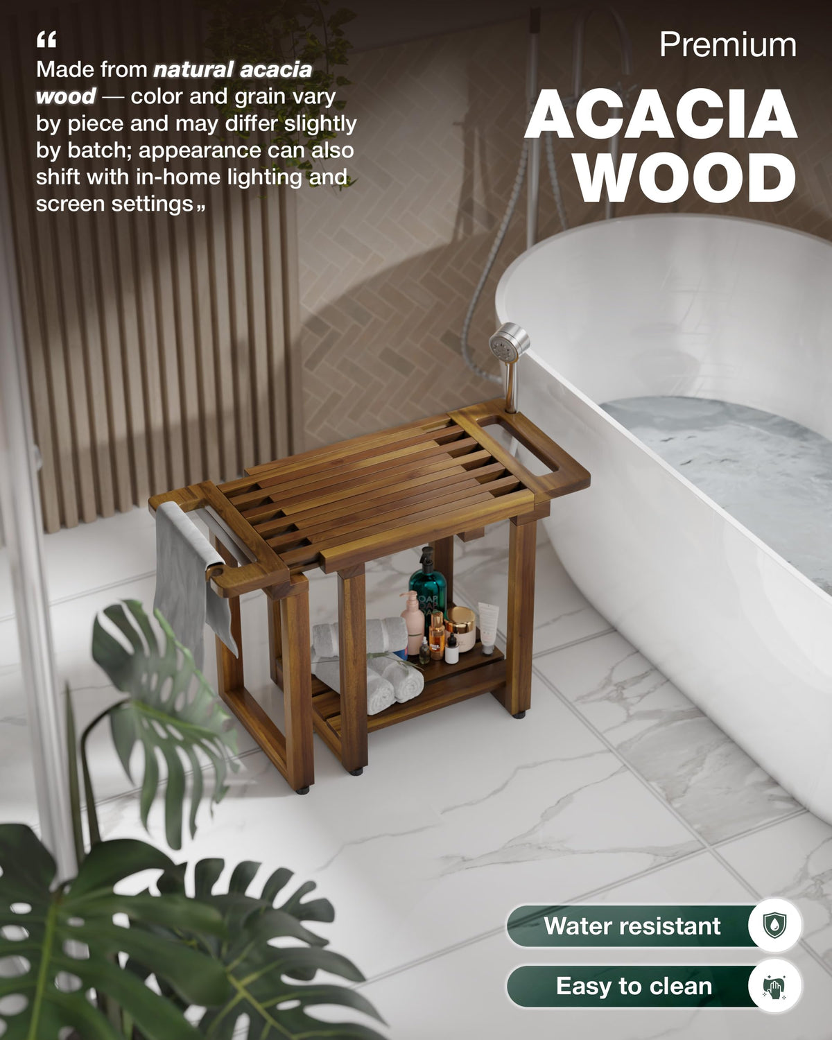 BLUEWEST Adjustable Shower Bench Stool for Inside Shower – 31.7'' Wood Bathroom Bench with Storage Shelf, Built-in Handle & Shower Head Holder