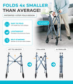 Stander Space Saver Walker, Lightweight Folding Rolling Mobility Aid for Seniors & Adults, Compact 2-Wheel Disability Device with 6-inch Wheels & Ski
