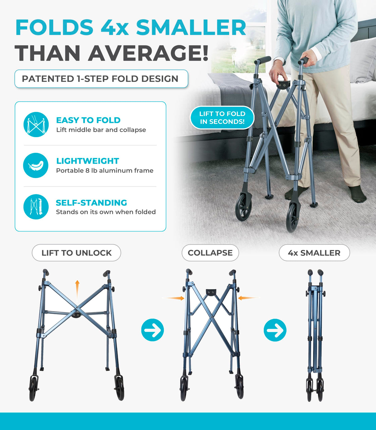 Stander Space Saver Walker, Lightweight Folding Rolling Mobility Aid for Seniors & Adults, Compact 2-Wheel Disability Device with 6-inch Wheels & Ski