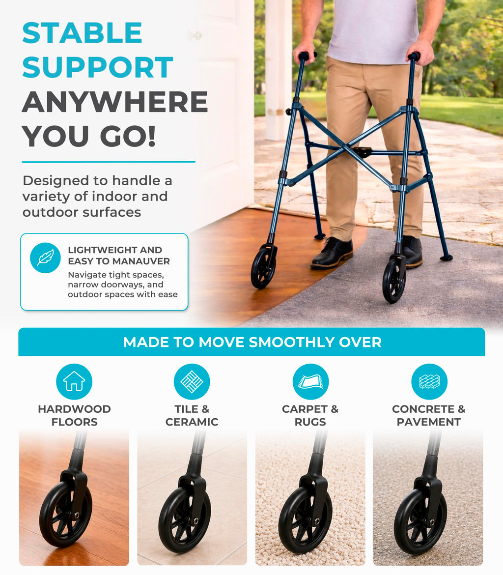 Stander Space Saver Walker, Lightweight Folding Rolling Mobility Aid for Seniors & Adults, Compact 2-Wheel Disability Device with 6-inch Wheels & Ski
