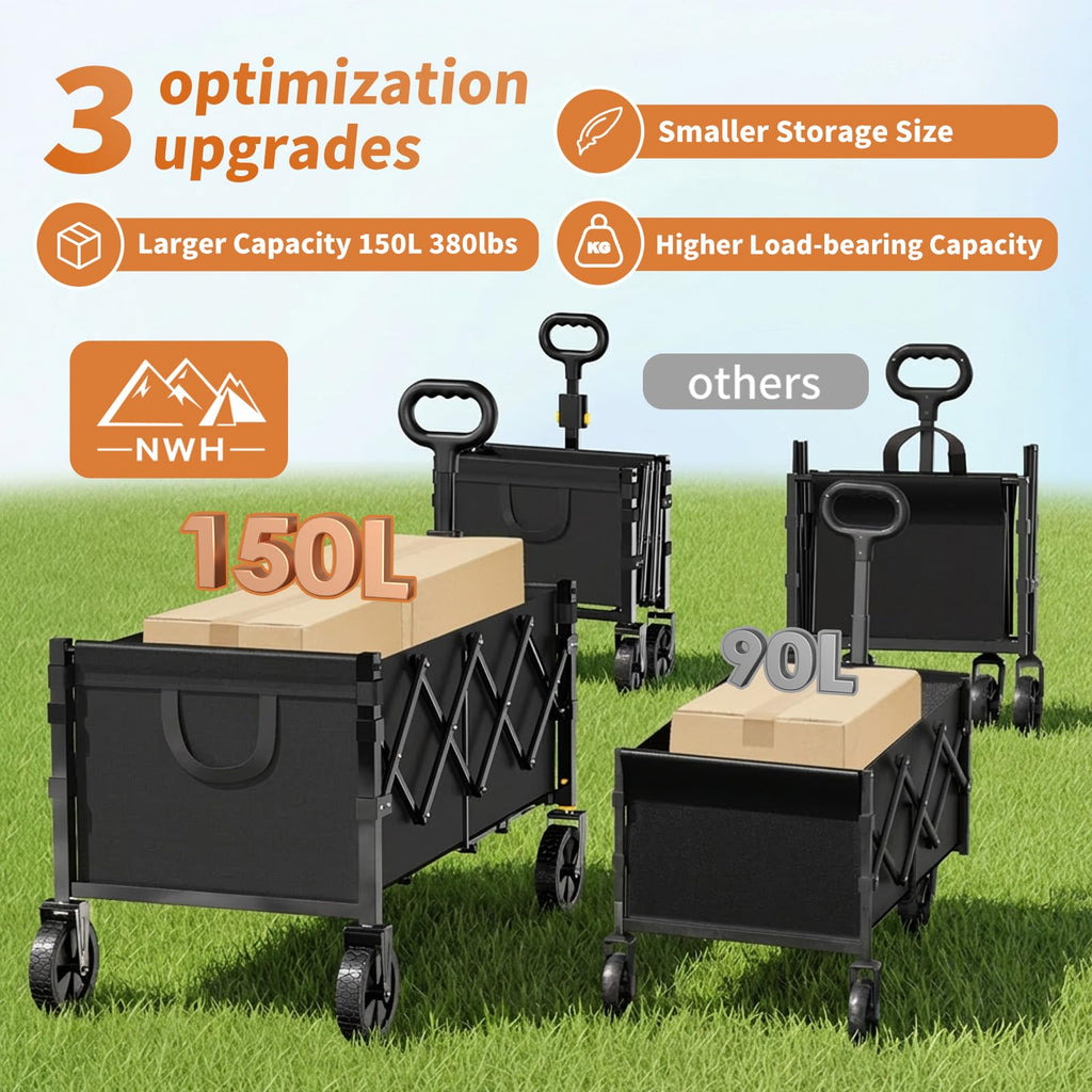 NWH 34'' Extra Long Collapsible Wagon, 380lbs Large Capacity Folding Wagons Carts with Wheels Foldable, Heavy Duty Utility Cart with All-Terrain