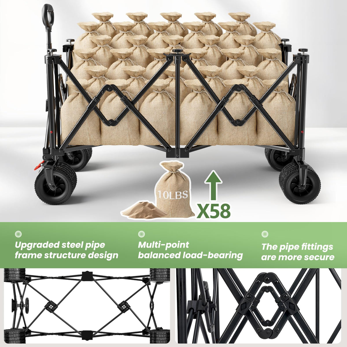 Beach Wagon Carts Foldable 580LBS Collapsible Wagon with Big All-Terrain Wheels for Sand 340L Heavy Duty Utility Carts with Cup Holders for Garden
