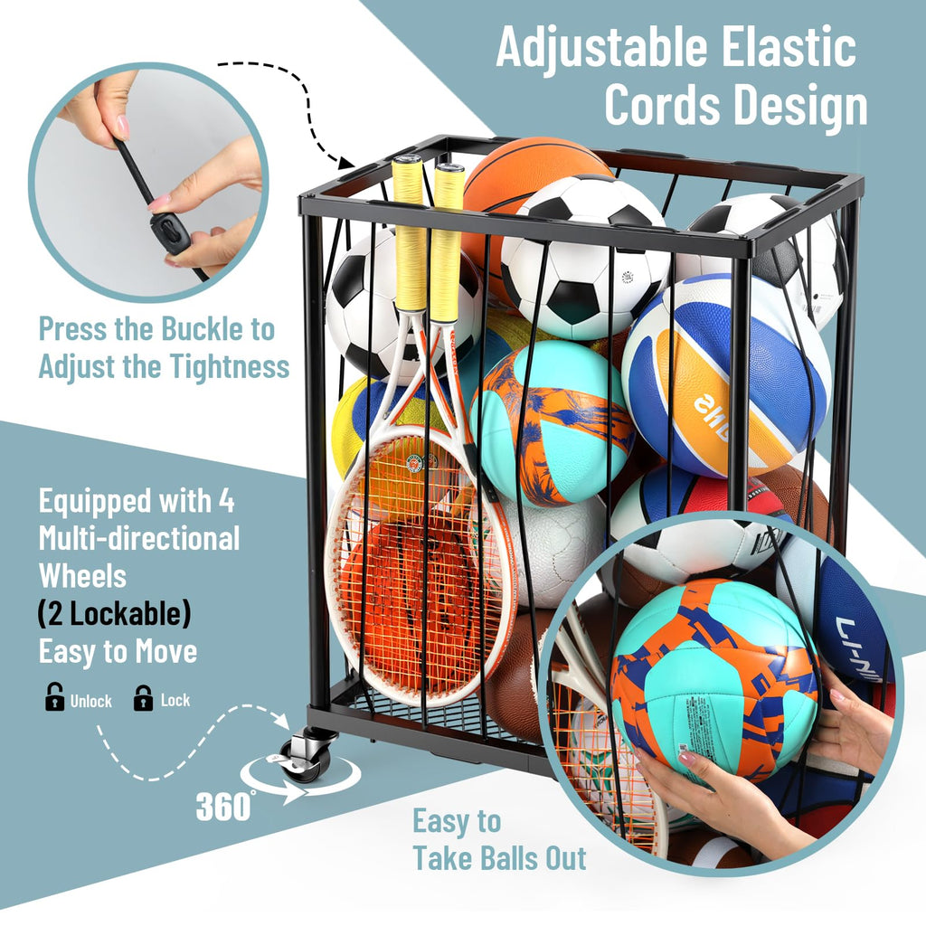 TomCare Garage Ball Storage Rack, Rolling Sports Cart with Lockable Wheels