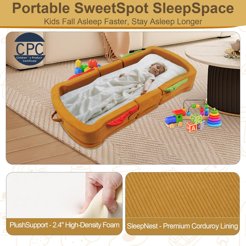 Toddler Travel Bed Sandwich Style - Portable Toddlers Floor Beds, Foldable Soft Foam Travel Bed for Baby and Kid, Washable Cover Toddler Cot with