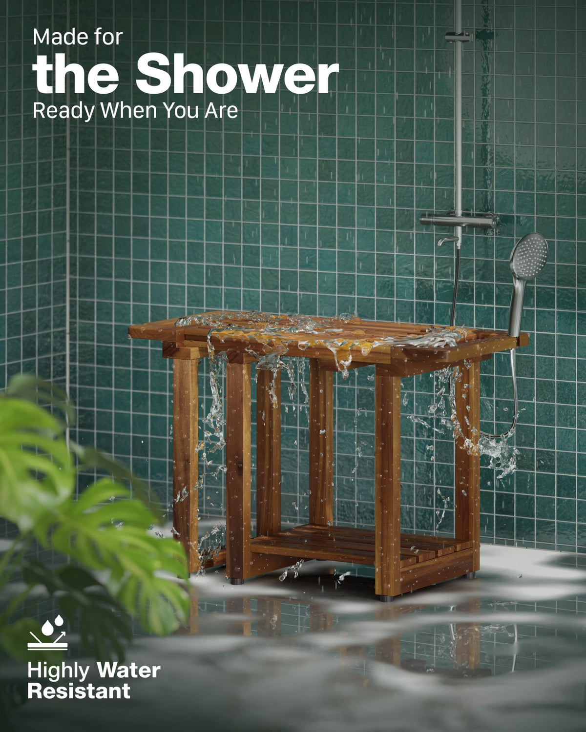 BLUEWEST Adjustable Shower Bench Stool for Inside Shower – 31.7'' Wood Bathroom Bench with Storage Shelf, Built-in Handle & Shower Head Holder