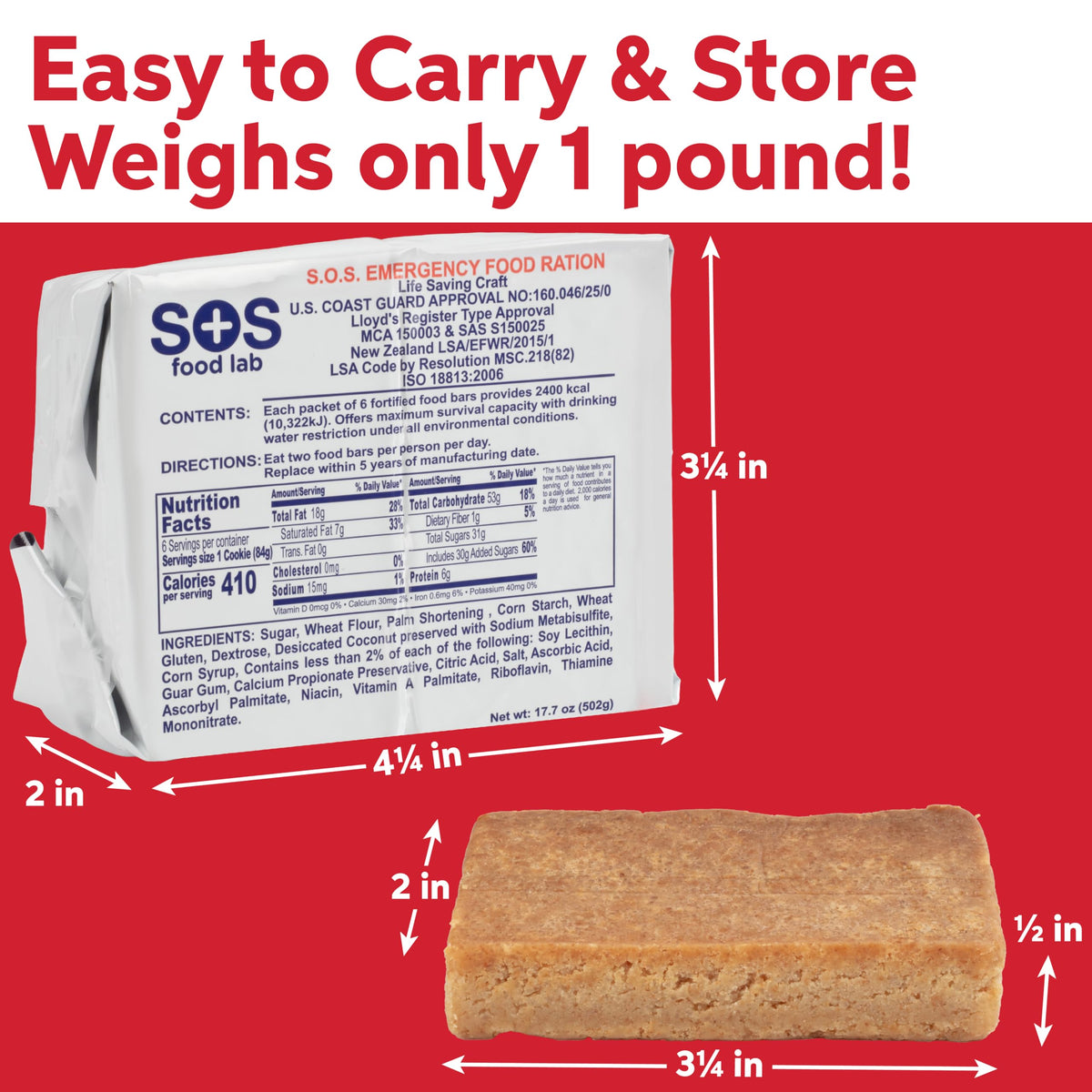 SOS Food Lab Emergency Food Bar - 2400 Calorie Ration (5 Pack Shortbread Cookie) - 2 Day/48 Hour Ready to Eat Supply for Camping, Hiking, Disaster