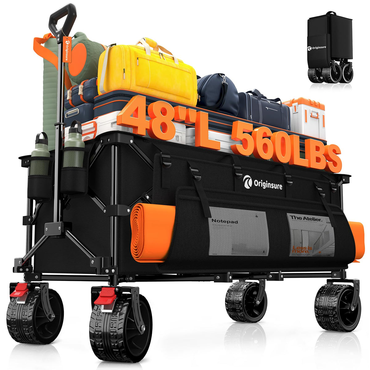 Originsure 300L Collapsible Beach Wagon Cart with Big Wheels, 560lbs, Black