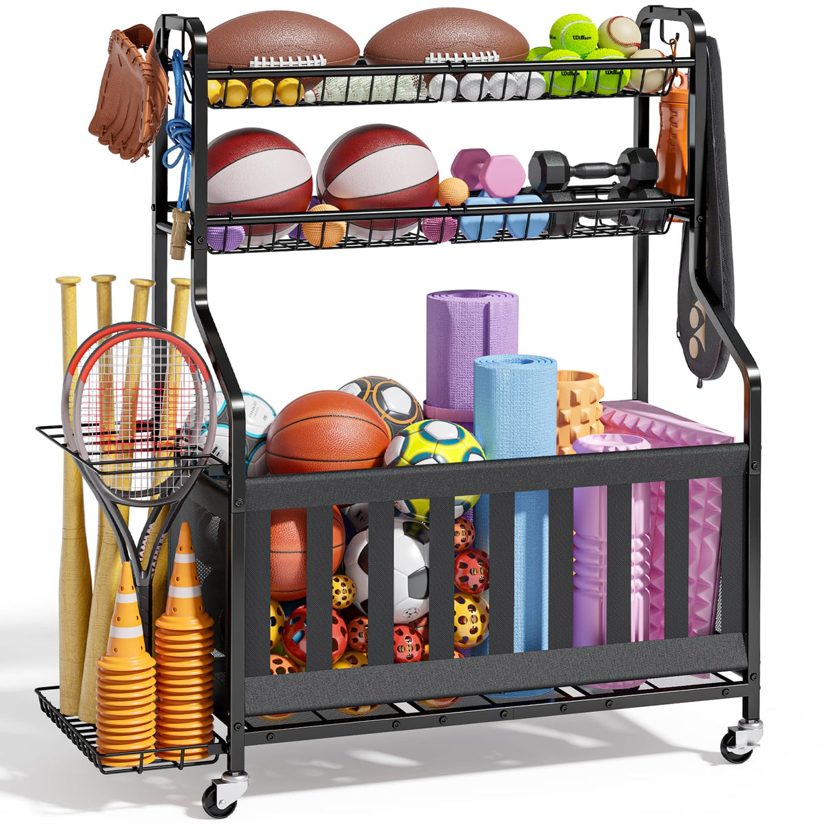 Kitsure Sports Equipment Organizer with Wheels, Garage Ball Storage, 45.6"H