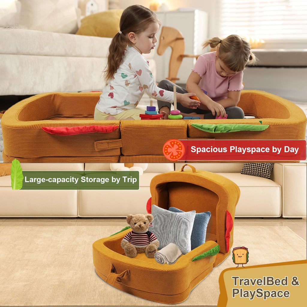 Toddler Travel Bed Sandwich Style - Portable Toddlers Floor Beds, Foldable Soft Foam Travel Bed for Baby and Kid, Washable Cover Toddler Cot with
