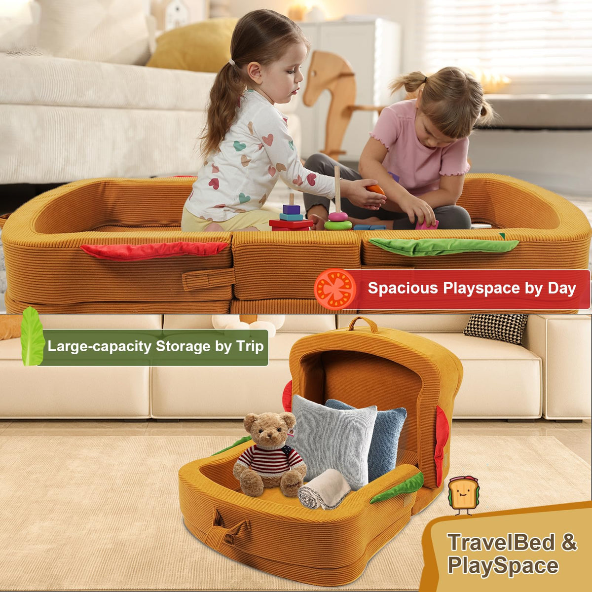 Toddler Travel Bed Sandwich Style - Portable Toddlers Floor Beds, Foldable Soft Foam Travel Bed for Baby and Kid, Washable Cover Toddler Cot with