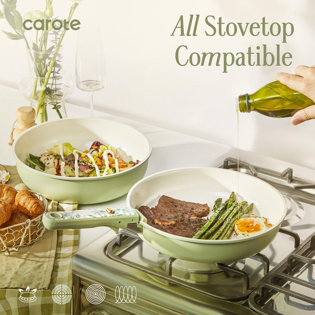 CAROTE 25pcs Ceramic Cookware Set, Detachable Handle Pots and Pans, Green