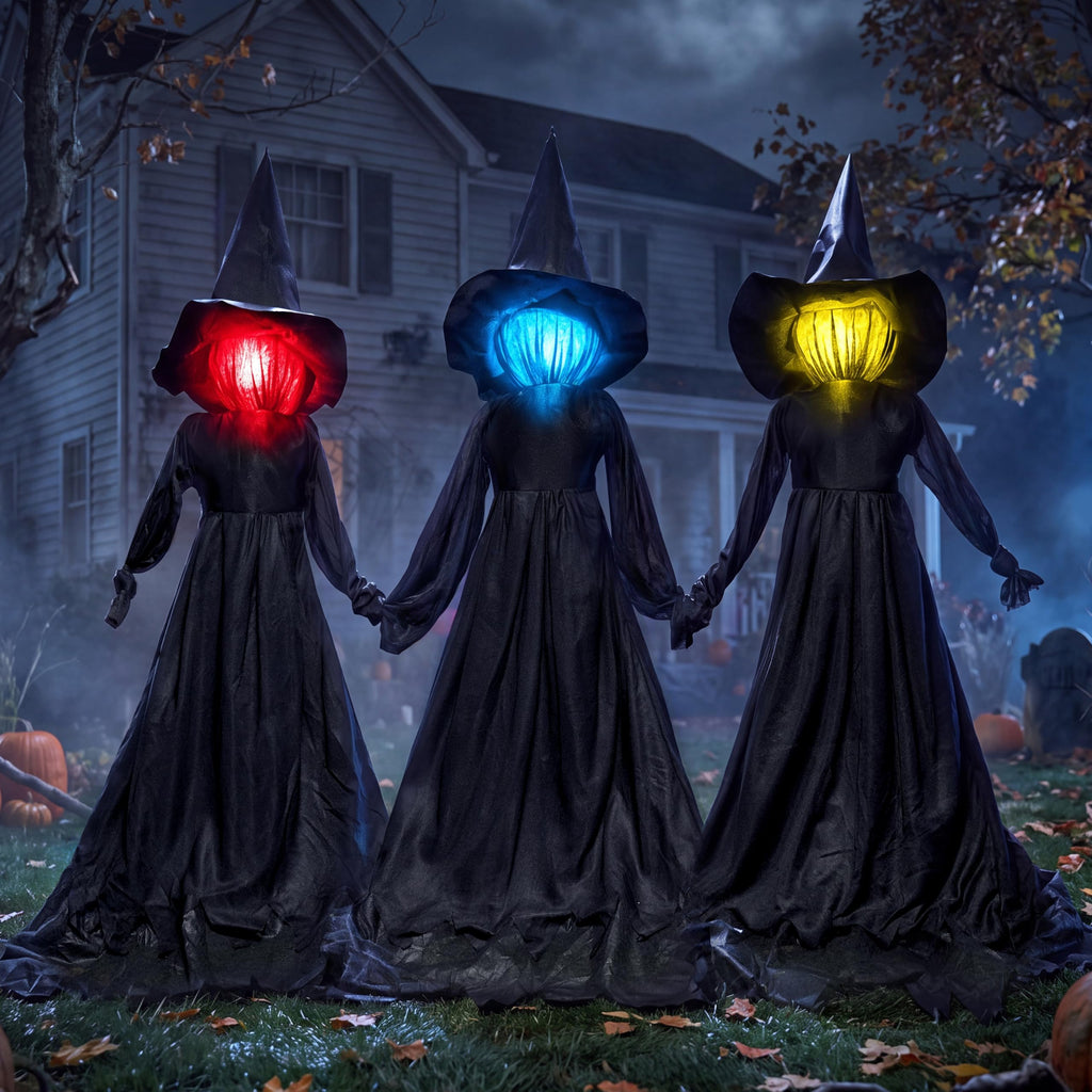 JOYIN Halloween Witch Decorations Outdoor Yard Stakes 3 Pack, 4.2 FT Multicolored Light Up Scary Flying Witch with Sound Activation, for Halloween
