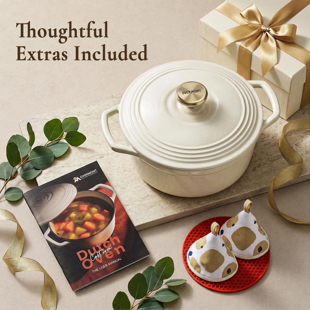 Overmont Enameled Cast Iron Dutch Oven - 5.5QT Pot with Lid Cookbook & Cotton Potholders - Heavy-Duty Cookware for Braising, Stews, Roasting