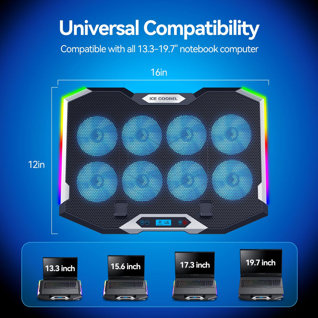 Gaming Laptop Cooling Pad with 8 Cooling Fans, Laptop Fan Cooler Pad for 15-17.3 Inch, Notebook Cooler Stand with 6 Height Adjustable, RGB Cooling