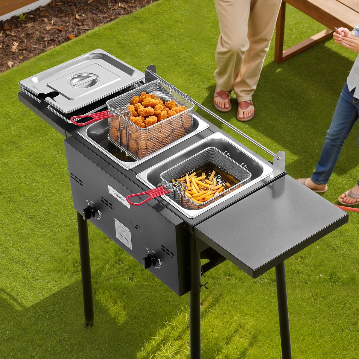 VEVOR Outdoor Propane Deep Fryer, Double Burners Commercial Fryer, 16 Qt Stainless Steel Cooker with Removable Baskets & Lids & Tanks, Oil Fryer Cart